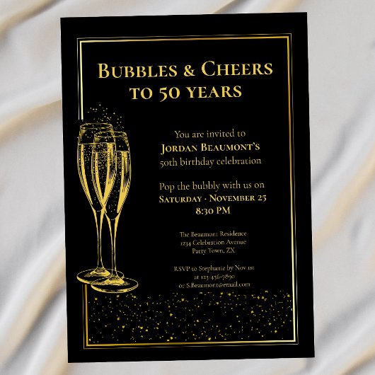 Bubbels en Cheers Zwart Goud 50ste Verjaardagsfees Kaart