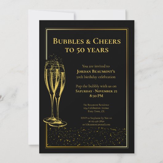 Bubbels en Cheers Zwart Goud 50ste Verjaardagsfees Kaart (Voorkant)