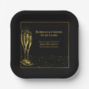 Bubbels en Cheers Zwart Goud 50ste Verjaardagsfees Papieren Bordje