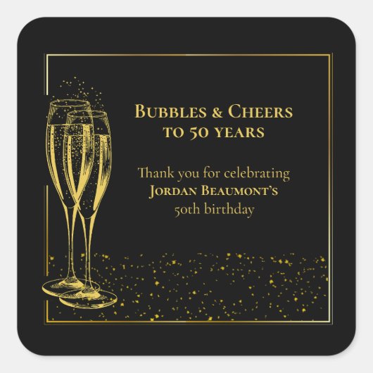 Bubbels en Cheers Zwart Goud 50ste Verjaardagsfees Vierkante Sticker (Voorkant)