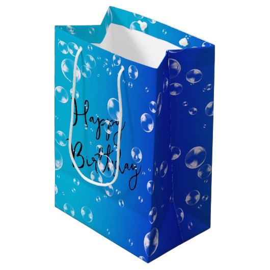 Bubbels op blauw en turquoise gradiënt medium cadeauzakje (Voorkant Gekanteld)
