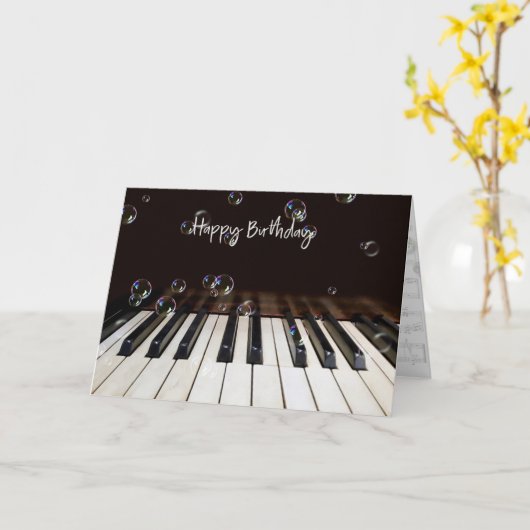 Bubbels op Piano Verjaardag Kaart (Gele Bloem)