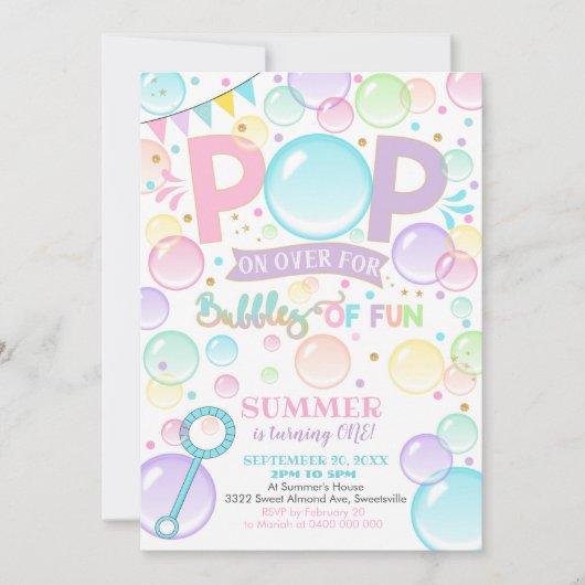 Bubbels Verjaardag Uitnodiging Bubbels van Fun 1st (Voorkant)