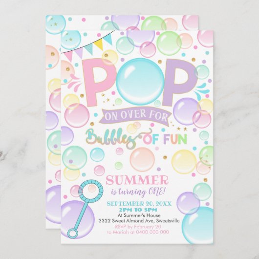 Bubbels Verjaardag Uitnodiging Bubbels van Fun 1st (Voorkant / Achterkant)