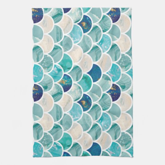 Bubble Aqua turquoise marmer mermaid fish scales Theedoek (Verticaal)