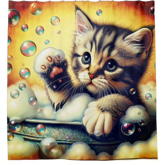 "Bubble Bath Kitten - grillige badtijd kunst" Douchegordijn (Voorkant)