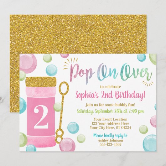 Bubble Birthday Invitation | Waterverf Roze, meisj Kaart (Voorkant / Achterkant)