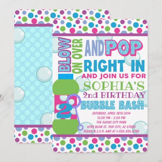 Bubble Birthday Party Invitation - Bubble Party Kaart (Voorkant / Achterkant)