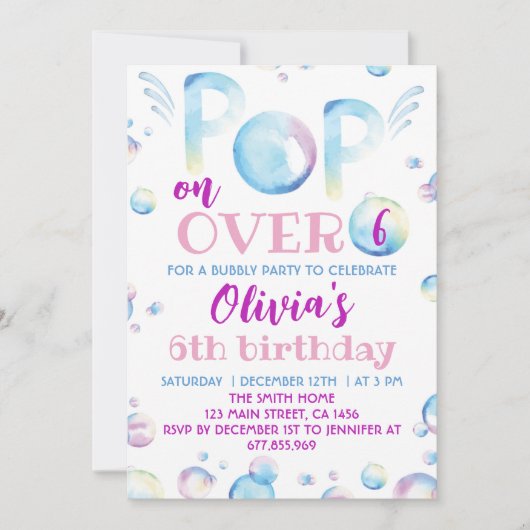 Bubble Birthday Party Invitation Pop on Over Kaart (Voorkant)