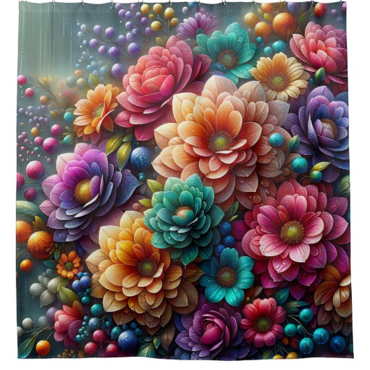 Bubble Blooms: Levendige Bloemen Douchegordijn (Voorkant)