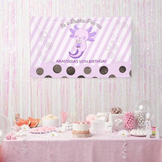 Bubble Boba Tea Paarse Axolotl Verjaardagsfeest Spandoek (Feest)