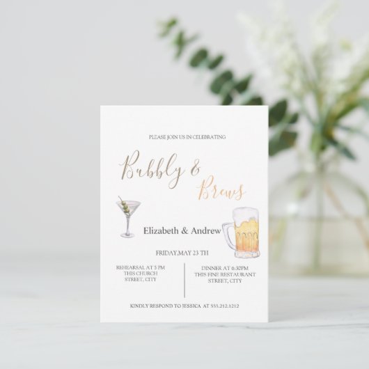 Bubble & Braws Rehearsal Dinner Invitation Kaart (Staand voorkant)