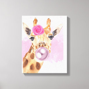 Bubble Bubblegum Flower Giraffe Canvas Afdruk