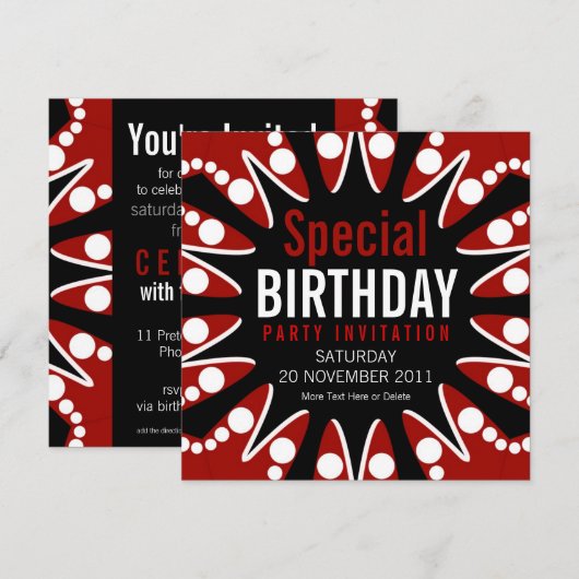 Bubble Burst Red White en Black Birthday Invitatio Kaart (Voorkant / Achterkant)