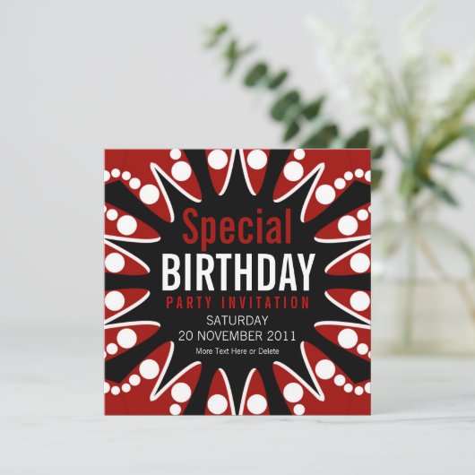 Bubble Burst Red White en Black Birthday Invitatio Kaart (Staand voorkant)