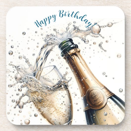 Bubble Champagne Happy Birthday Bier Onderzetter (Voorkant)