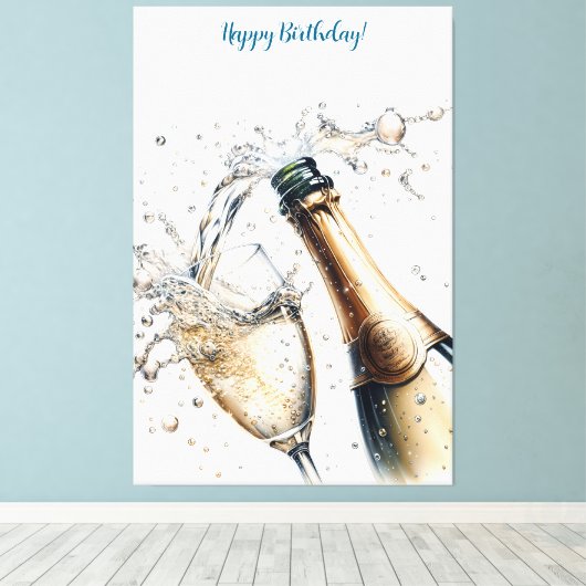 Bubble Champagne Happy Birthday Canvas Afdruk (Insitu (Houten vloer))