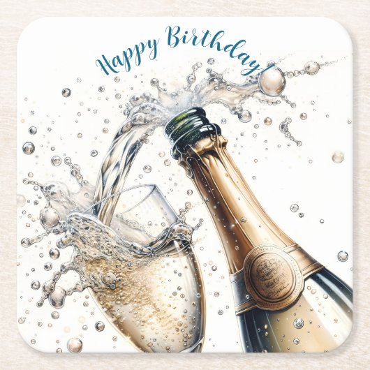 Bubble Champagne Happy Birthday Kartonnen Onderzetters (Voorkant)
