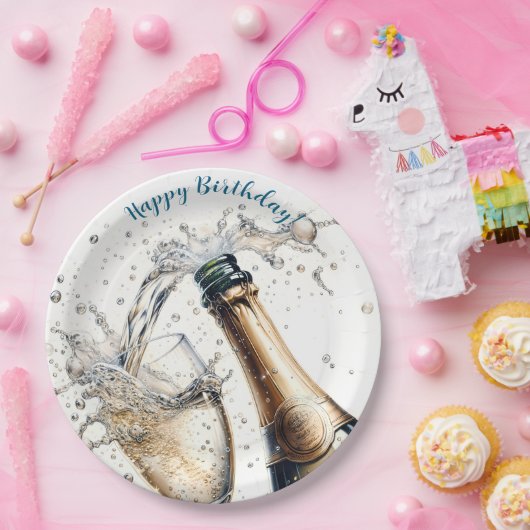 Bubble Champagne Happy Birthday Papieren Bordje (Feest)