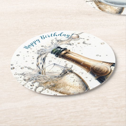 Bubble Champagne Happy Birthday Ronde Kartonnen Onderzetter (Gebogen)