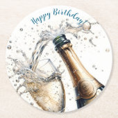 Bubble Champagne Happy Birthday Ronde Kartonnen Onderzetter (Voorkant)