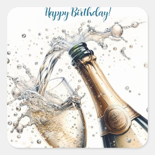 Bubble Champagne Happy Birthday Vierkante Sticker (Voorkant)