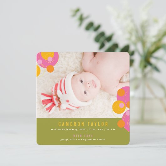 Bubble Circles Fuchsia Pink Girl Baby Aankondiging (Staand voorkant)