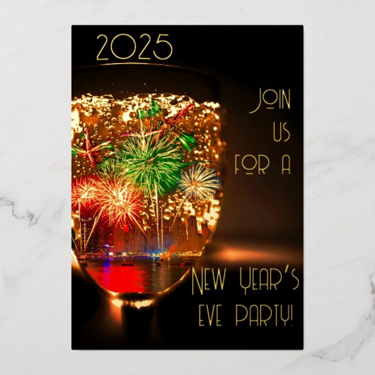 Bubble en vuurwerk met goud - nieuwjaarsfeest folie uitnodiging (Voorkant)