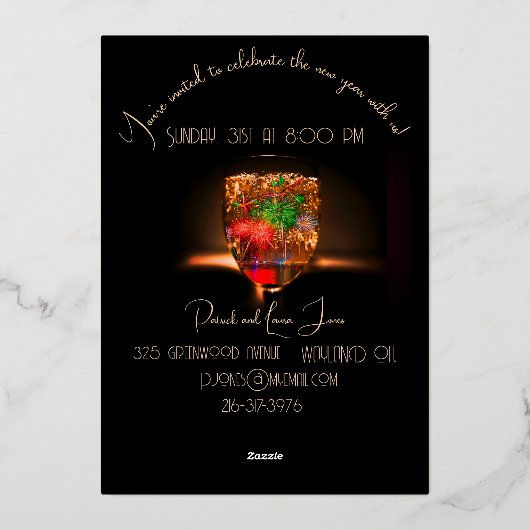 Bubble en vuurwerk met goud - nieuwjaarsfeest folie uitnodiging (Achterkant)