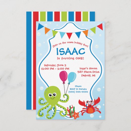 Bubble Fun under the Zee First Birthday Party Kaart (Voorkant / Achterkant)