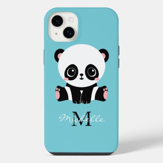 Bubble Gum Blauwe Panda Monogram Aangepaste Naam iPhone Hoesje (Achterkant)