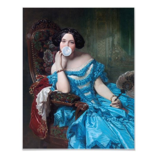 Bubble gum Diva in blauw satijn Foto Afdruk (Voorkant)