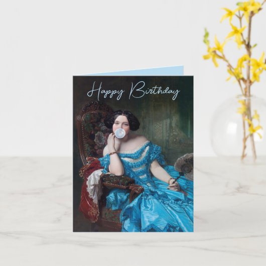 Bubble gum Diva in blauw satijn Happy Birthday Kaart (Gele Bloem)