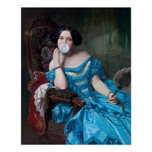 Bubble gum Diva in blauw satijn Perfect Poster (Voorkant)