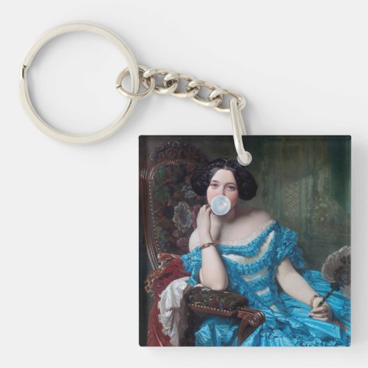 Bubble gum Diva in blauw satijn Sleutelhanger (voorkant)