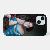 Bubble gum Diva in blauwe satijn iPhone 15 Case (Achterkant horizontaal)