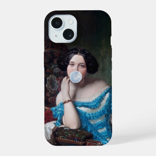 Bubble gum Diva in blauwe satijn iPhone 15 Case (Achterkant)