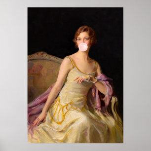 Bubble gum-diva in een gele jurk die een roze b bl poster