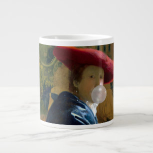 Bubble gum Diva in een rood pet blazen een bubble  Grote Koffiekop