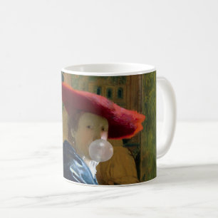Bubble gum Diva in een rood pet blazen een bubble Koffiemok
