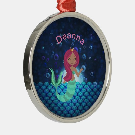 Bubble Mermaid in Green en Blue in Moonlit Ocean Metalen Ornament (Rechts)