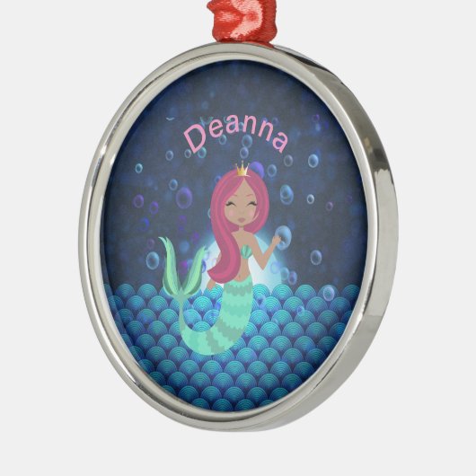 Bubble Mermaid in Green en Blue in Moonlit Ocean Metalen Ornament (Links)