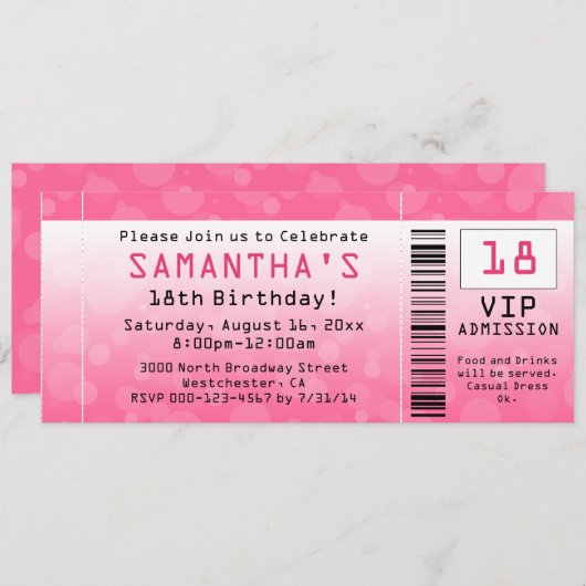 Bubble Pink Ticket Verjaardag Kaart (Voorkant / Achterkant)