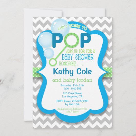 Bubble Pop Boy Baby shower Blauw & Groen Uitnodigi Kaart (Voorkant)
