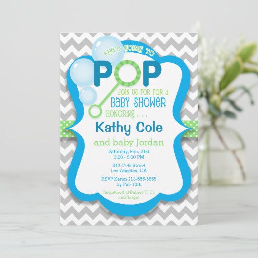 Bubble Pop Boy Baby shower Blauw & Groen Uitnodigi Kaart (Staand voorkant)