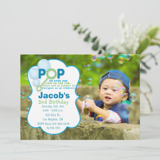 Bubble Pop Boy Foto Verjaardag Uitnodiging (Staand voorkant)