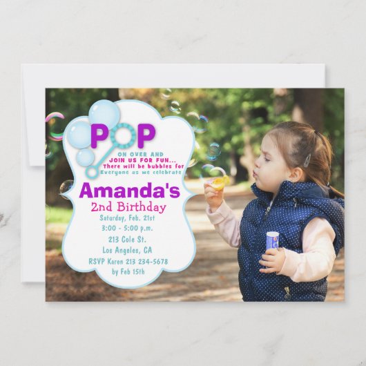 Bubble Pop Meisje Foto Verjaardag Uitnodiging (Voorkant)
