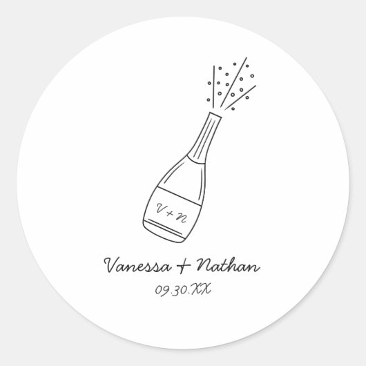 Bubble Popping Champagne fles grillige bruiloft Ronde Sticker (Voorkant)