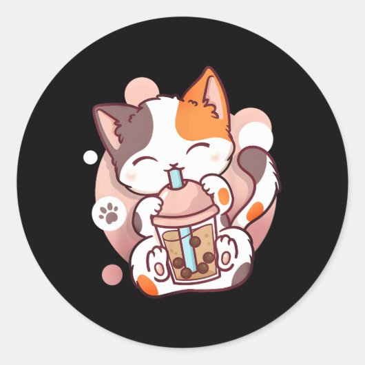 Bubble Tea Cat Boba Neko Anime Kawaii Japans Ronde Sticker (Voorkant)