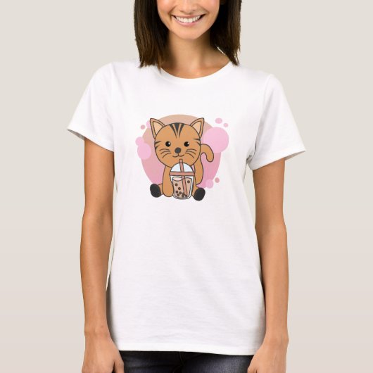 Bubble Tea Cat with Chocolate Sweet Animals Cats T-shirt (Voorkant)